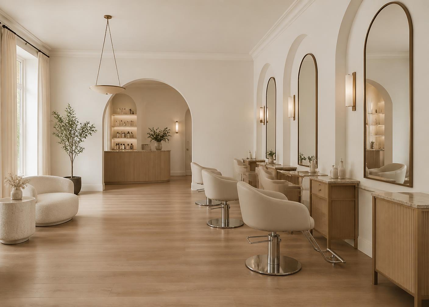 The serene ivory interior of Lumière Salon with arched mirrors and oak floors