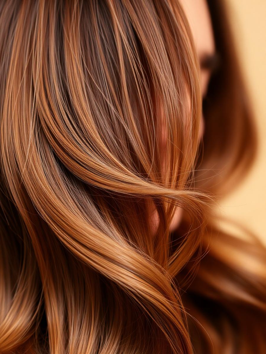 Close-up of warm caramel balayage with soft movement