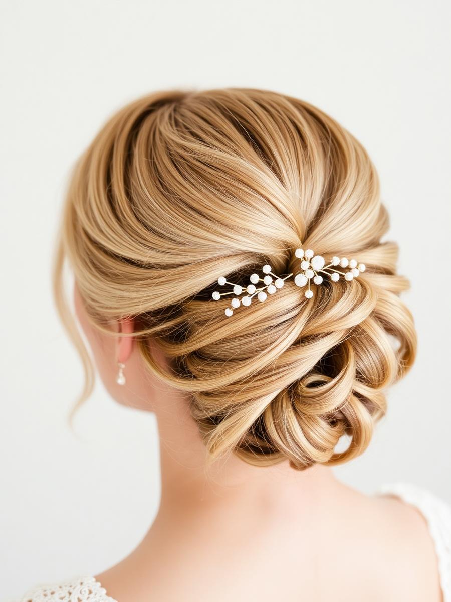 A soft bridal updo finished with a delicate pearl pin